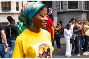 Woman in Windrush t-shirt