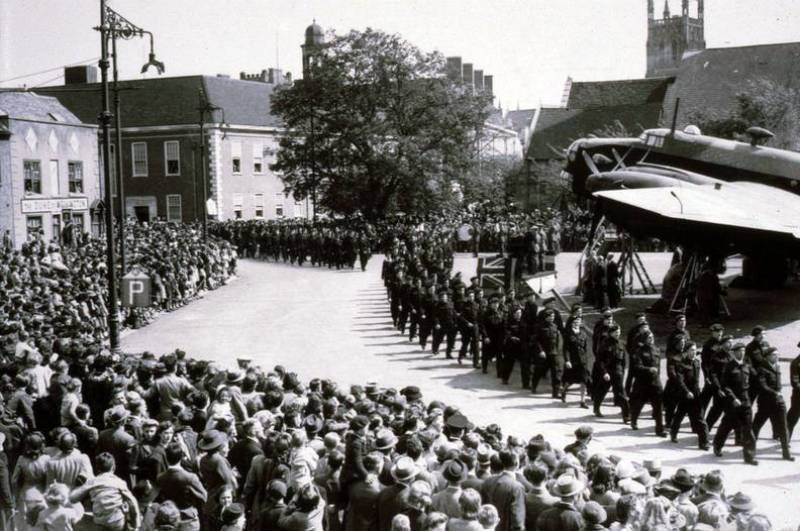 A Halifax bomber on Deansway in Worcester, part of the Wings for Victory campaign. Picture credit: Changing Face of Worcester